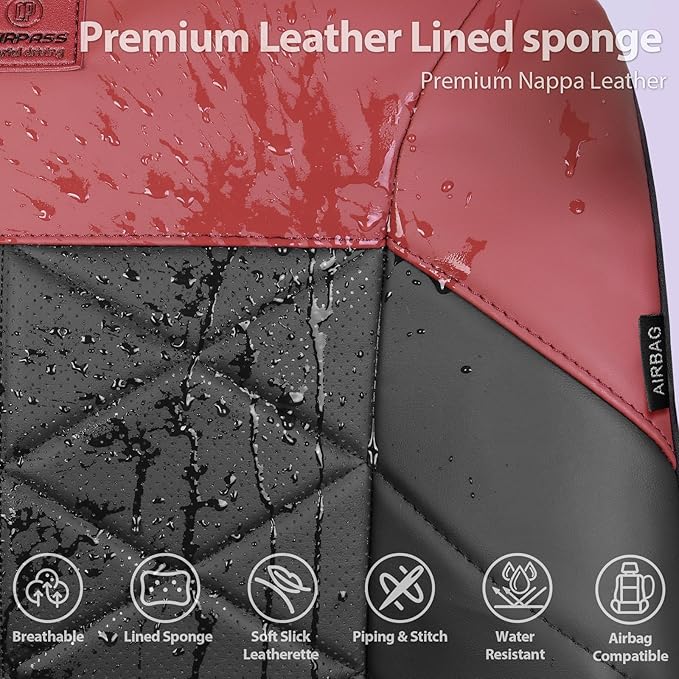 CAR PASS Nappa Leather Seat Covers for Car, Waterproof Seat Covers Full Set, Luxury 3D Rhombus Lined Sponge Airbag Compatible Universal Fit for Automotive SUV Truck Pickup Sedan, Black Red
