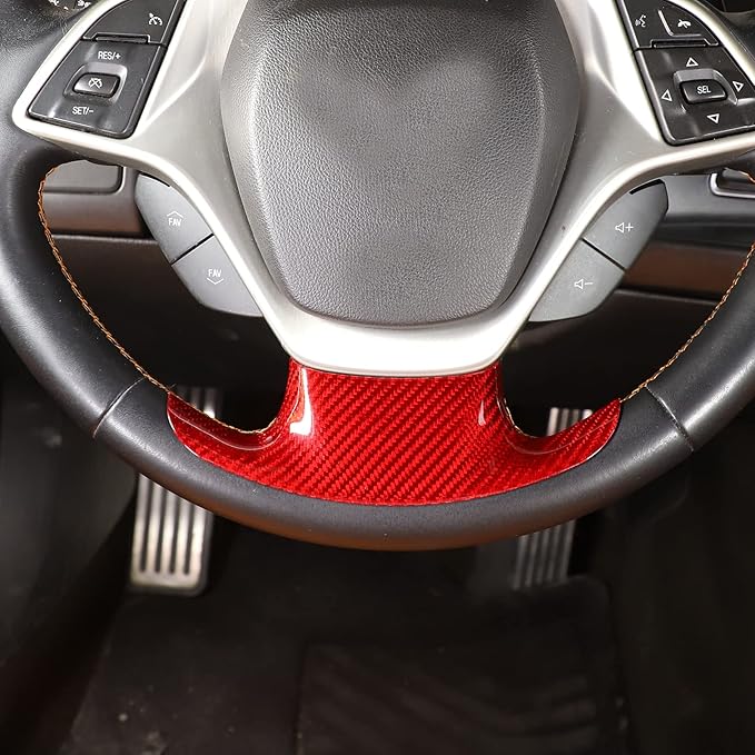 Steering Wheel Cover Trim Real Carbon Fiber 1PCS Compatible with Corvette C7 Z06 Z51 ZR1 Stingray 2014 2015 2016 2017 2018 2019 (Red Carbon)