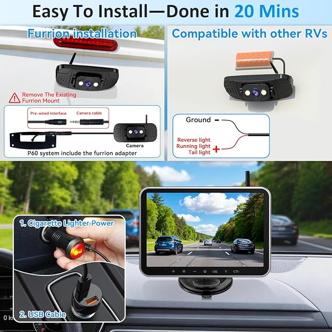 Plug-Play RV Camera System Wireless for Furrion Pre-Wired: 20-Min Easy Install for Trailer Camper - 8" HD 1080P Large Screen See Every Obstacle at a Glance for Campsite Reversing & Drive Monitoring