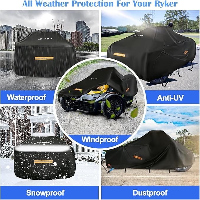 Heavy Duty 420D 3-Wheel Motorcycle Full Cover Waterproof, fits 3‑Wheel Motorcycle Models, Suit for Can‑am Ryker 600/900/Sport/Rally Edition,Upgraded Rain Snow Protection Cover with Waterproof Strips