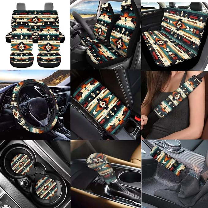 Dreaweet Aztec Car Seat Covers Full Set,Native American Geometric Car Deocr Set of 12,Universal Steering Wheel Cover with Center Console Cover,Cup Coasters,Seatbelt Covers,Gear Shift Handbrake Cover