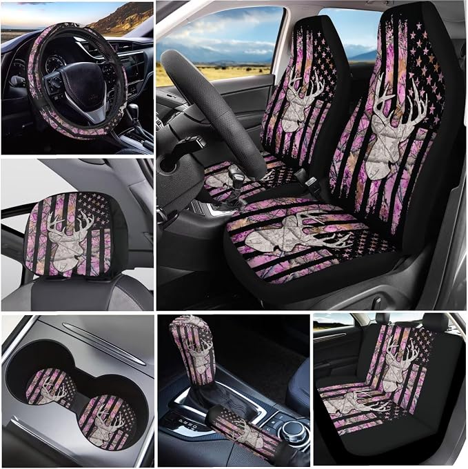 KEIAHUAN Car Front Rear Seat Covers Full Set for Women 11 Pcs Pink Branch Camo Hunting with Stretch Steering Wheel Cover+Headrest Cover+Gear Shift Cover&Handbrake Cover+Cup Coasters Fit Most Vehicle