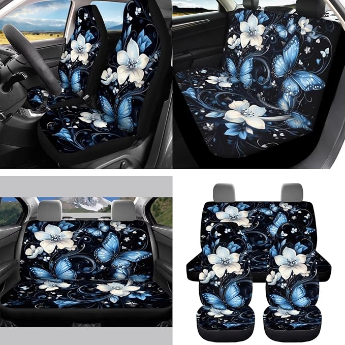 Blue Butterfly Car Seat Covers Full Set for Women Floral Car Accessories Steering Wheel Cover Seatbelt Pad Coasters Trash Bag Rearview Mirror Cover Keychain