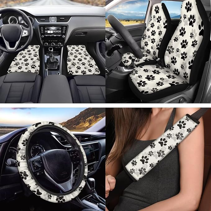 Dog Paw Print Car Seat Cover Full Set with Steering Wheel Cover Floor Mats Armrest Pad Seat Belt Pads Roof Handle Wraps Cup Coaster Keychain Automotive Interior Accessories Set of 18