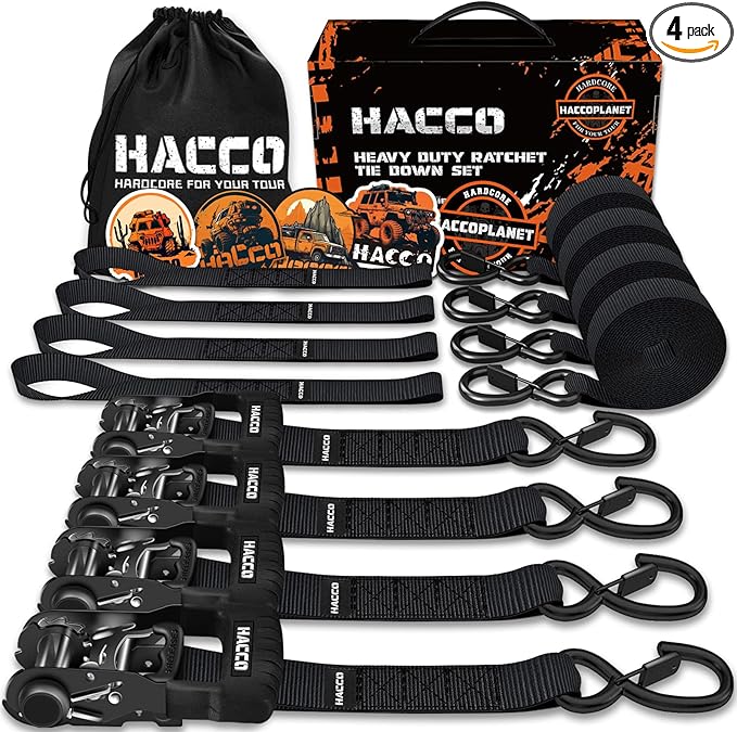 HACCOPLANET Ratchet Straps, 5280lb Break Strengeth, 1.6" Heavy Duty Ratchet Tie Down Strap Set w/Padded Handle, S Hook, Soft Loop for UTV Motorcycle Truck Cargo Straps (Black, 8FT)
