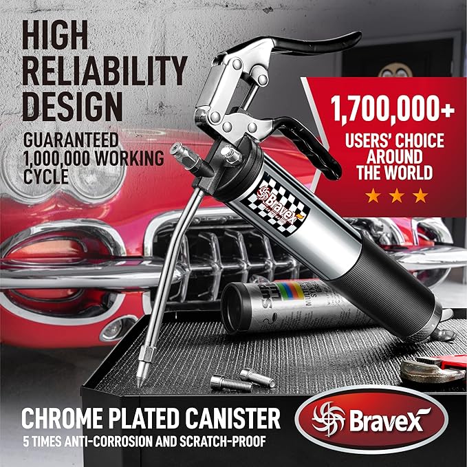 Bravex Heavy Duty Professional Pistol Grip Grease Gun 6000 PSI - 18 inch Flex Hose …