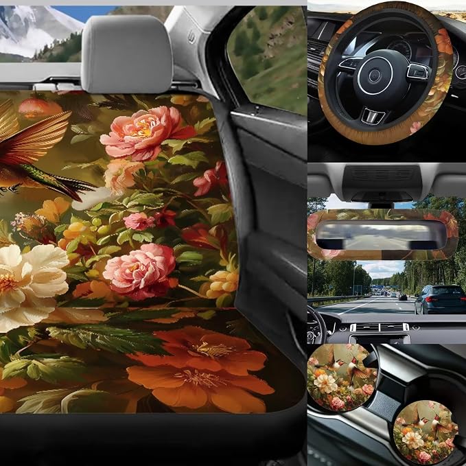 Hummingbird Flower Car Seat Covers Full Set 17 Pack for Women Car Accessories Set with Auto Head Rest Covers,Trash Can Bin for Back Seat Leak Proof,Seat Belt Cover Pad,Cup Coasters