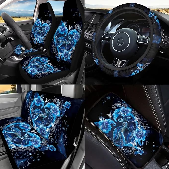 Sea Turtle Car Seat Covers Full Sets with Front and Split Rear Bench,Animal Turtle Car Accessories Set 17 Pack,Ethnic Style Rear Auto Head Rest Covers Universal Fit Mats Car Truck SUV Van