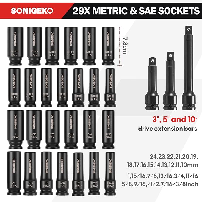 29-Piece 1/2" Drive Impact Socket Set, 6-Point Deep Standard SAE & Metric (3/8"-1", 10mm-24mm),CR-V Steel Sockets with 3", 5", 10" Extension Bars and Storage Case