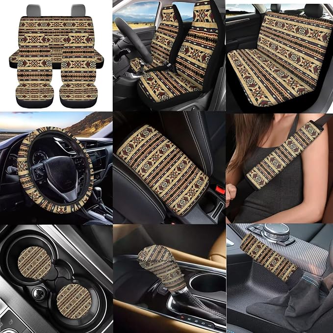 Dreaweet South Western Aztec Seat Covers for Trucks SUV Cars Full Set with Steering Wheel Cover,Center Console Cover,Car Coasters,Seatbelt Covers,Gear Shift Cover,Handbrake Cover,Set of 12
