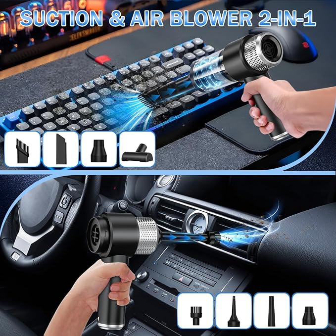 KMM Handheld Car Vacuum Cleaner, 16000PA Hand Held Vacuum Portable Cordless, 2 in 1 Air Duster and Vacuum Cleaner with LED Light, Multi-Nozzles, 120W High Power Mini Vacuum for Home, Pet, Office