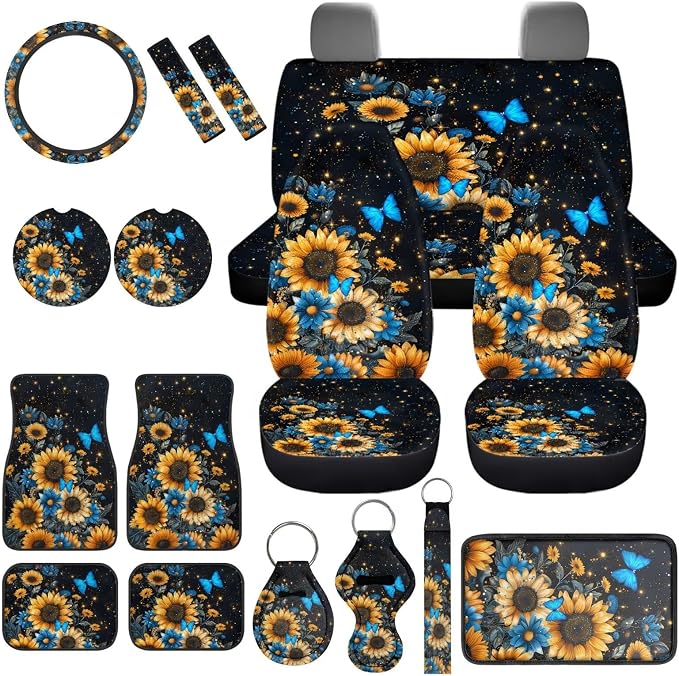 Butterfly Car Seat Covers Full Sets of 17Pack,Sunflower Car Accessories Sets with Seat Belt Shoulder Pad,Steering Wheel Car Covers,Cup Coasters,Butterfly Car Floor Mats Set of 4,Universal Fit