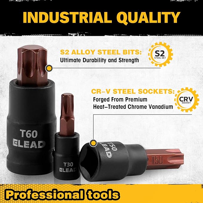 31-Piece Torx Bit Socket Set: 14 Star Bits T8-T70 & 13 E-Torx Sockets E4-E24, Premium CR-V & S2 Alloy Steel, High Torque Laser Marked for Automotive Mechanic