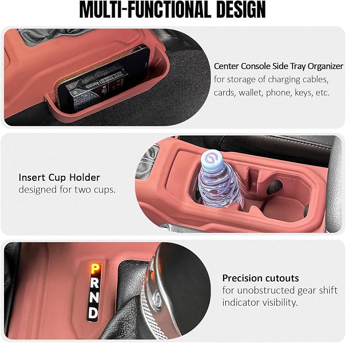 Silicone Center Console Gear Shift Panel Trim Cover for Jeep Wrangler JL/JLU/Gladiator JT 2018-2026, with Non-Slip Cup Holder Mat & Side Organizer Tray, Car Interior Storage Box Accessories