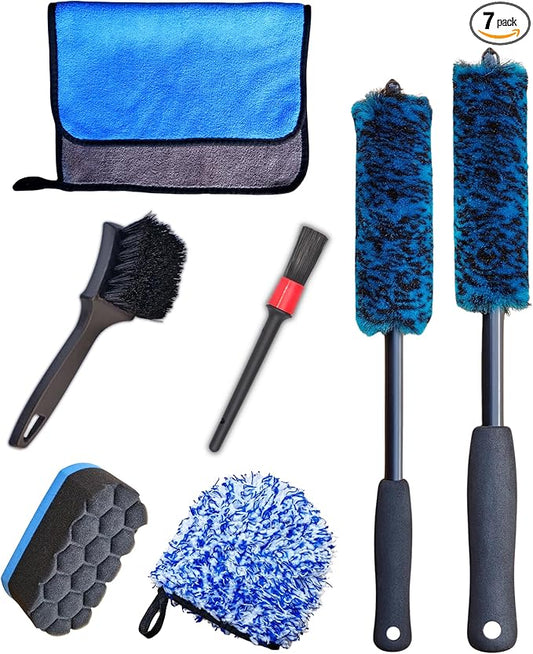 oesee 7PCS Car Wheel Rims Detail Cleaning PRO Wash Kit, Wheel Wash Mitt, Tire Brush, 2PCS Soft Woolies Wheels Brush, Detailing Brush, and Tire Dressing Pads, Microfiber Dry Towel Scratch-Free Cleaning