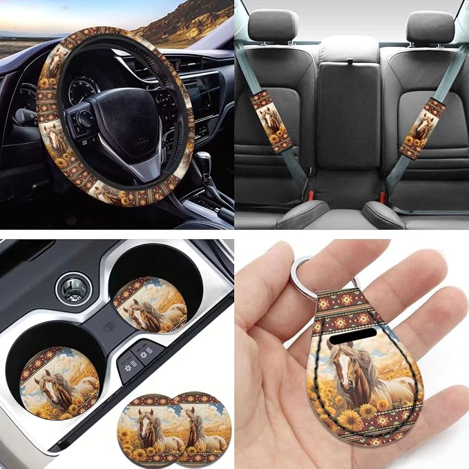 Aztec Horse Sunflower Car Seat Covers Split Seat Cover 11Pcs Horse Car Accessory Interior Full Set with 15Inch Neoprene Steering Wheel Cover Seatbelt Pads Lanyard Keychain Seatbelt Pads