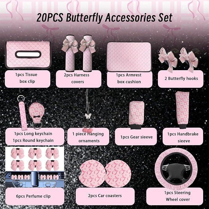 20 PCS Butterfly Car Accessories,Including Steering Wheel Cover,Rearview Mirror Decoration,Etc,Suitable for Sedans,SUVS and Other Models,Cute Car Interior Sets Suitable for Women (Pink)