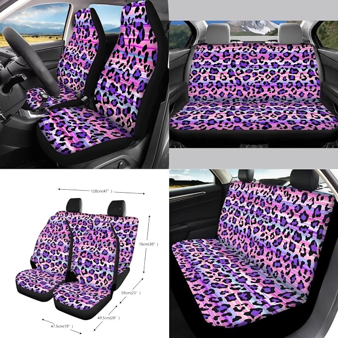 Leopard Print Car Accessories Seat Covers Full Set of 15, Soft Comfy Front and Rear Seat Cover with Safety Belt Pads Steering Wheel Cover Trash Can Car Air Vent Organizer