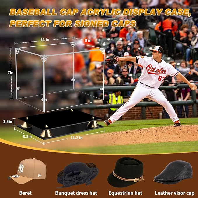 KOLIPI Hat Display Case, Clear Acrylic Baseball Cap Display Box with Double Layer Base, Self-Assembly Showcase for Baseball Cap, Snapback, Mini Helmet, UV Protection for Signed Memorabilia
