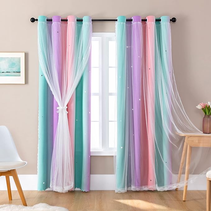 XiDi Curtains for Girls Bedroom 2 Panel Set, Thermal Insulated Window Ombre Panels, Rainbow Pink Drapes for Kids Room Unicorn Wall Decals, Black Out Curtains 63 Inch Long Pink/Purple/Green 52 X 63