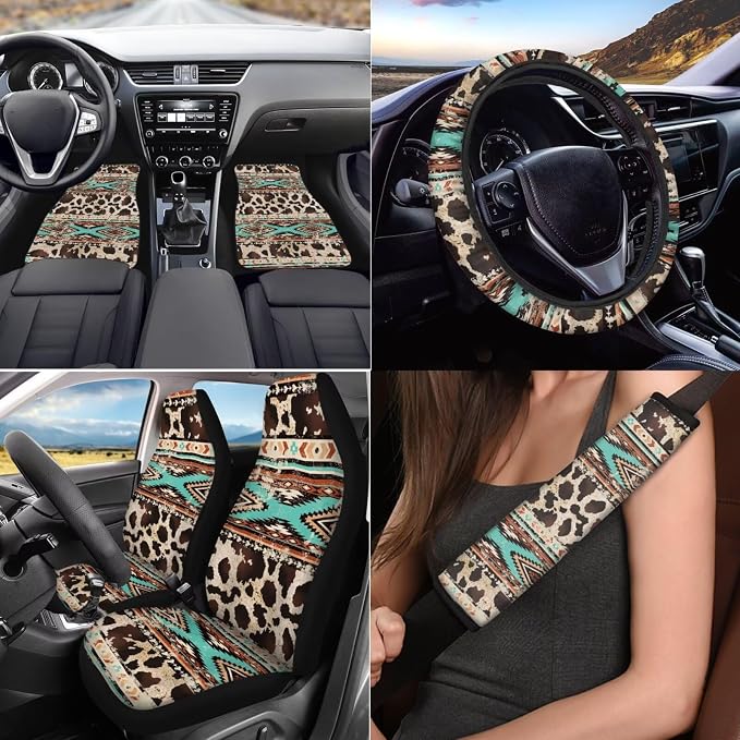 17 Pcs Aztec Cow Print Car Seat Covers Full Set with Floor Mats Steering Wheel Cover Shoulder Pads Armrest Pad Keychain Roof Gloves Cup Coaster Universal