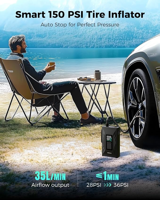 ASMAX T20 7-in-1 Portable Jump Starter with Air Compressor, 3000A Car Battery Booster with Smart Battery Clamps, 12V Jump Box for 9.0L Gas/6.5L Diesel Engines, 150PSI Auto-Shutoff Tire Inflator