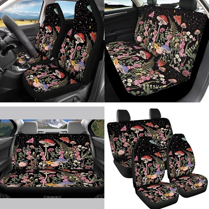 Cottagecore Mushroom Auto Seat Cover Set of 14+Floral Moth Mushroom Seat Covers for Front Rear Back Seats Protection+Universal Fit Steering Wheel Cover+Seatbelt +Keychain+Interior Mirror Cover