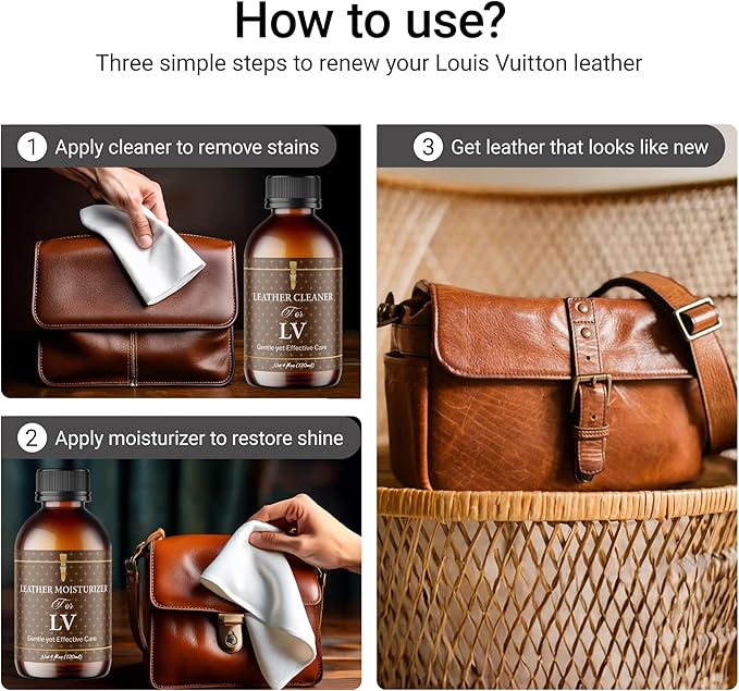 Leather Cleaner & Moisturizer For Louis Vuitton, Formulated To Clean LV Leather Stains While Restoring Leather Shine, Making Your Louis Vuitton Look Renewed & Leaving A Light Fragrance, 120ml X 2