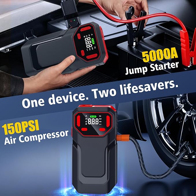 MT21 Jump Starter with Air Compressor,12V Battery Booster Pack(10L Gas/8L Diesel) with 5000A–Spark-Proof & Reverse Polarity Protected,150PSI Portable Jump Box & Tire Inflator with LED Light