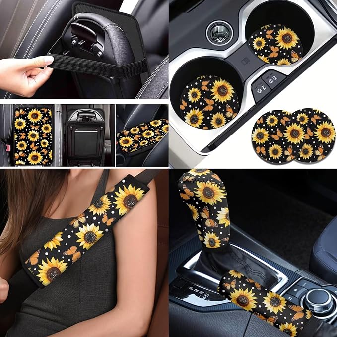 BIGCARJOB 12 Pcs Car Seat Covers Full Set Sunflower Print Cars Interior Accessories Auto Seat Protector Set Butterfly Print Armrest Cushion,Seat Belt Pads,Steering Wheel Covers