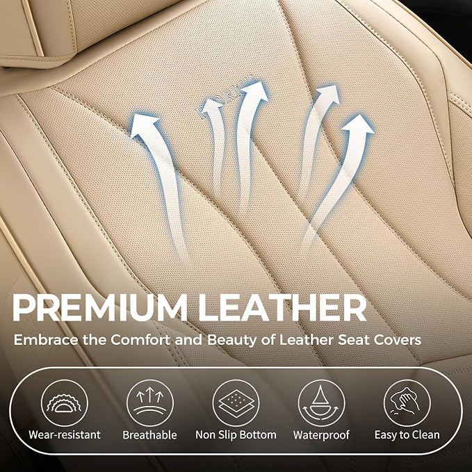 FLORICH Seat Cover, Leather Car Seat Covers Full Set, Waterproof Car Seat Protectors 5 Seats, Front and Rear Seat Covers for Cars, Automotive Seat Protector Fit for Most Sedans SUV Truck - Beige