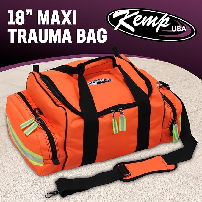 Kemp USA Maxi Trauma Bag Large First Aid EMS Bag Water-Resistant 600D Nylon First Responder Medical Survival Gear Buckle Closure Reflective Trim Orange