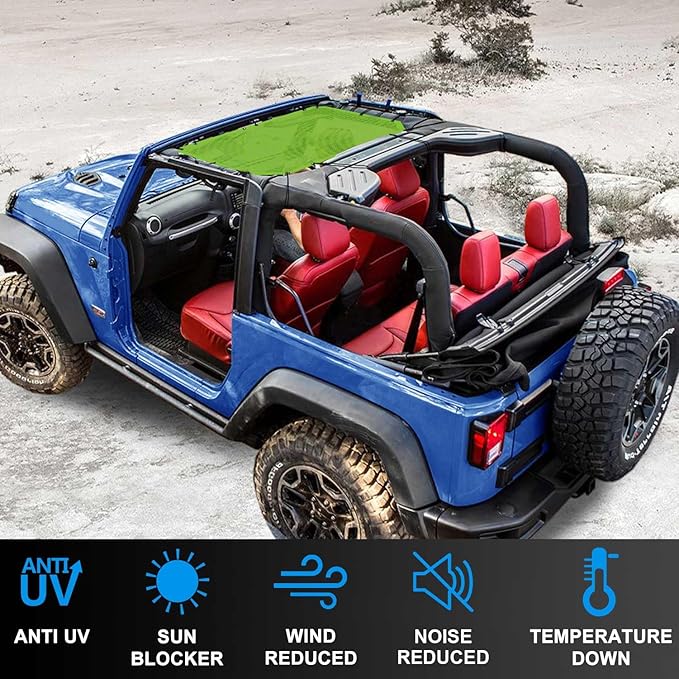 JK Sun Shade Top Compatible with Jeep Wrangler 4 Door 2007 to 2018 Sunshade Sunroof Bikini Cover Blocks UV Wind Noise Green Mesh for Front