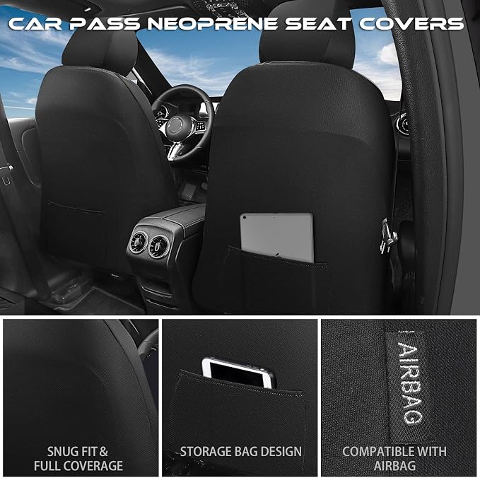 CAR PASS Waterproof Front Car Seat Covers,3D Tire Pattern Neoprene Seat Covers,Heavy Duty Rubber Floor Mats 3-Piece, Universal MXL Size Trim-to-Fit Automotive Floor Mats for Truck Van SUV