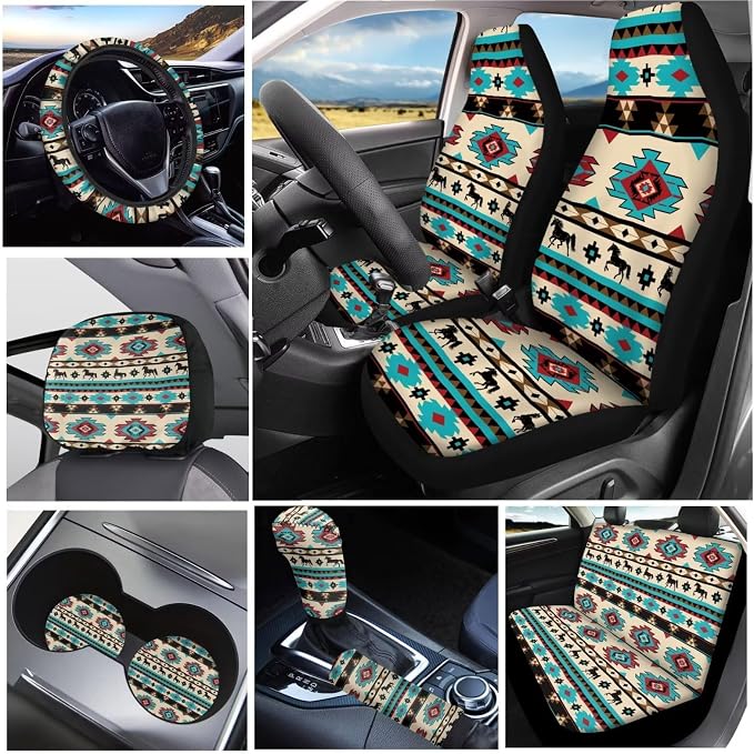 KEIAHUAN Tribal Aztec Horse 11 Piecce Car Seat Cover Full Set Front and Rear Split Bench Auto Seat Covers Handbrake Cover &Gear Shift Knob Cover Headrest Cover Coasters Women Men