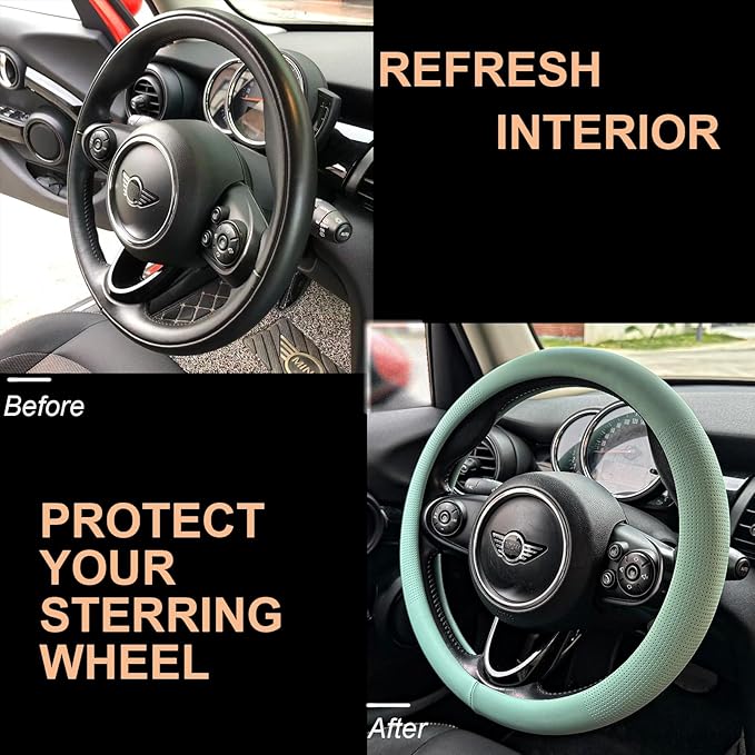 PINCTROT Large Size Nappa Leather Steering Wheel Cover, Slim Fit No Bulk Design, One Piece Leather with Breathable Perforation, Fit Like Gloves, 15.5-15.75 Inch(Nappa Mint)