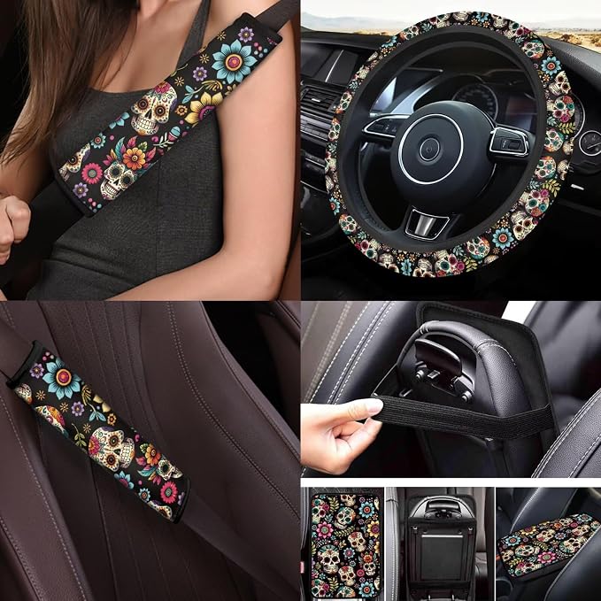 Skull Flower Car Seat Covers Full Set with Front and Split Rear Bench 17 Pack Skull Hippie Flower Car Accessories Set with Car Floor Mats Seat Belt Cover Steering Wheel Covers,Universal Fit