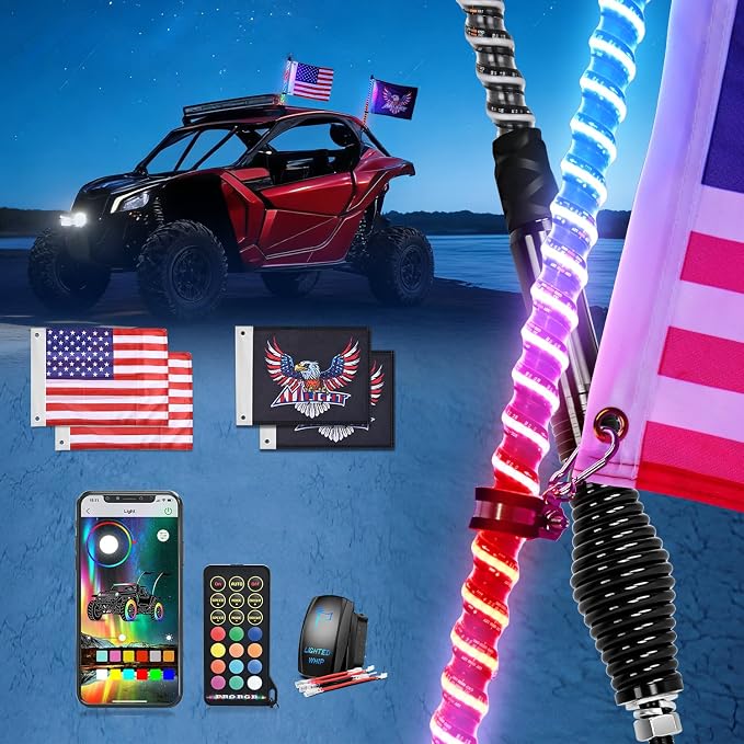Nilight LED Whip Light 2 PC 2FT COB RGB Spiral Lighted Antenna with Spring Base, Bluetooth App & Remote Control DIY Chasing Patterns & Music Sync Safety Whips for ATV UTV RZR Polaris Can-Am Truck