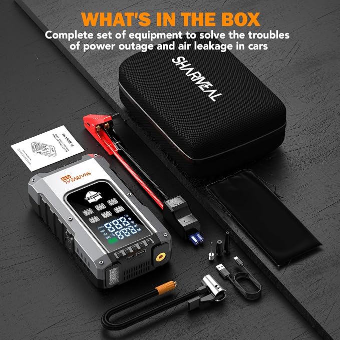 6000A Jump Starter with Air Compressor 160PSI Tire Inflator, 12V Car Battery Fast Charge Portable Jump Starter for All Gas/10L Diesel, Jump Box Pack with 3 Modes Flashlight and Jumper Cables