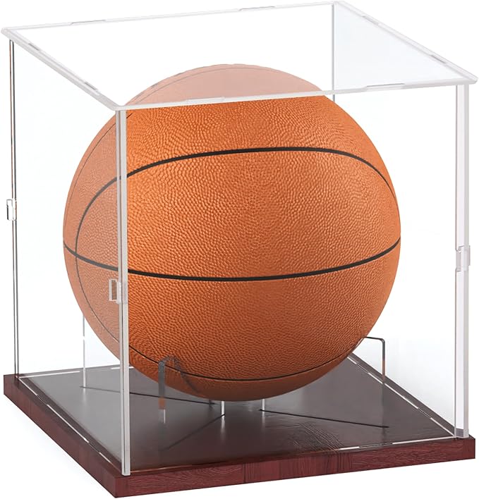 Fitense Basketball Display Case Acrylic Clear, UV Protected Basketball Stand Box Full Size with Solid Wood Base, Soccer Display for Autographed Standard NBA WNBA Ball Memorabilia Keepsake, Ideal Gift