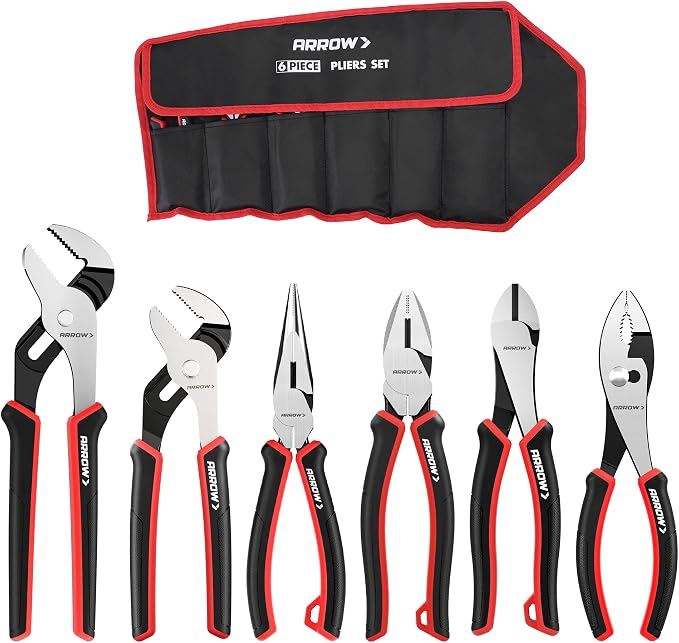 ARROW 6PCS Pliers Set, 8" Long Nose, Diagonal Cutting, Linesman, Slip Joint, 8" & 10" Groove Joint, Dual-Color Non-Slip Handle, Carbon Steel, for DIY, Home Repair & Maintenance