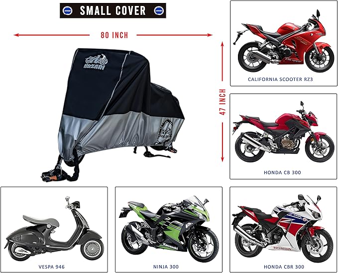 Nuzari Heavy Duty Small 250cc Motorcycle Cover - Motorcycle Covers Waterproof Outdoor Storage - Vespa Cover Waterproof Outdoor - Heavy Duty E- Bike Moped Covers (Black/Silver, Small)