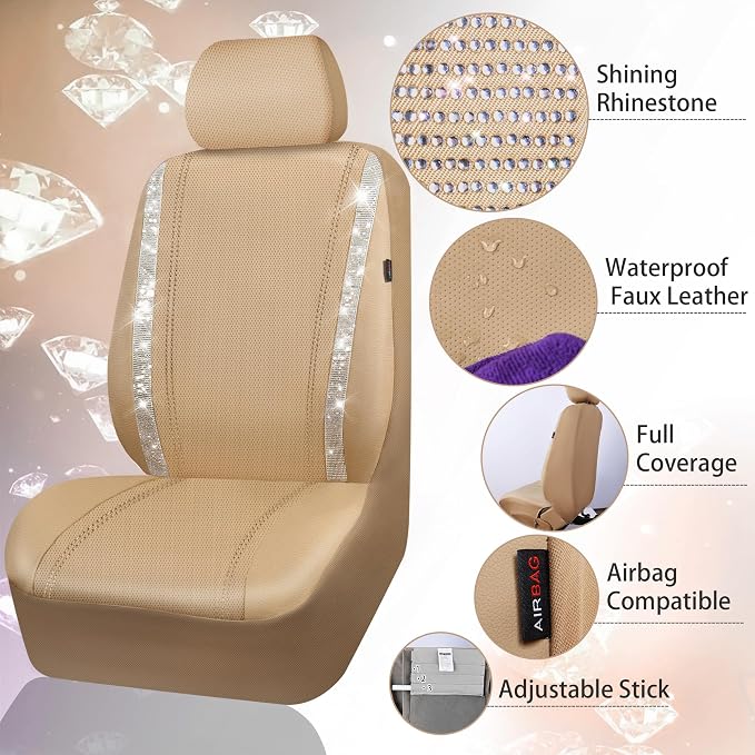 CAR PASS Bling Rhinestones Diamond Car Floor Mat Car Seat Covers Full Set, Crystal Sparkly Shining Glitter Carpet, Waterproof Anti-Slip PVC Heel Pad Universal Fit Interior Girl Women Beige