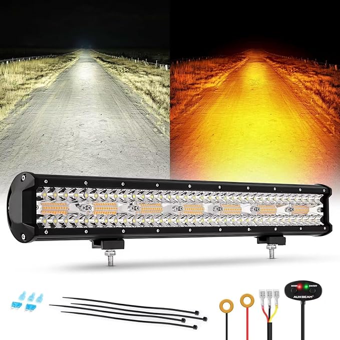 Auxbeam 6 Modes Amber White Series 20-Inch LED Light Bar for Jeep Truck ATV | 420W flashing strobe light, Spot flood combo offroad light, Warning emergency multi-function, dual color off-road lighting