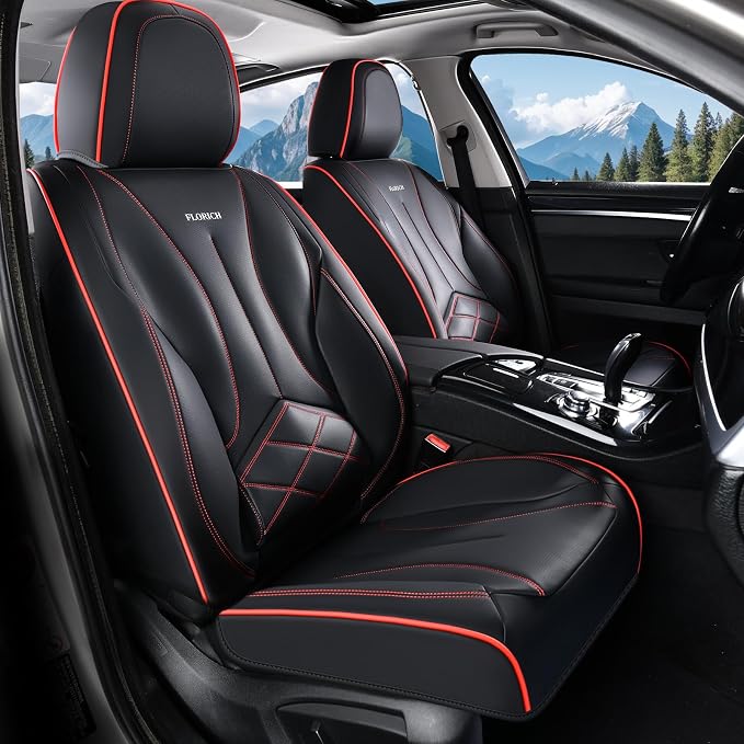 FLORICH Leather Seat Cover, Car Seat Covers Front Set, Waterproof Car Seat Protectors, Front Seat Covers 2 Pack, Automotive Seat Covers Protector Fit for Most Cars Trucks SUV - Black&Redline