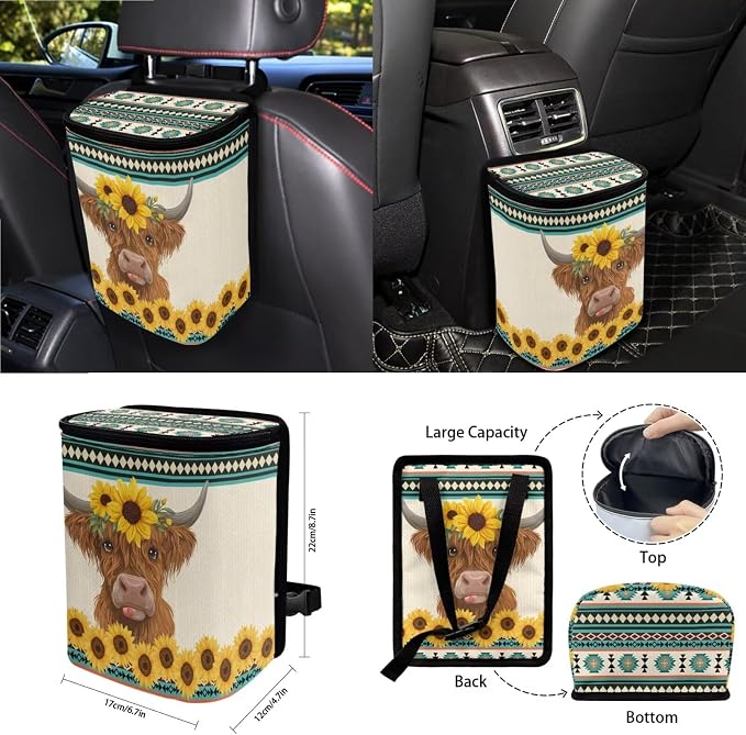 Wanyint Car Seat Cover Set 15 PCS, with Steering Wheel Seat Belt Strap Rear View Mirror Cover Trash Can Cup Coaster Keychain Air Vent Storage Bag Universal Fit, Aztec Highland Cow Sunflower Blue