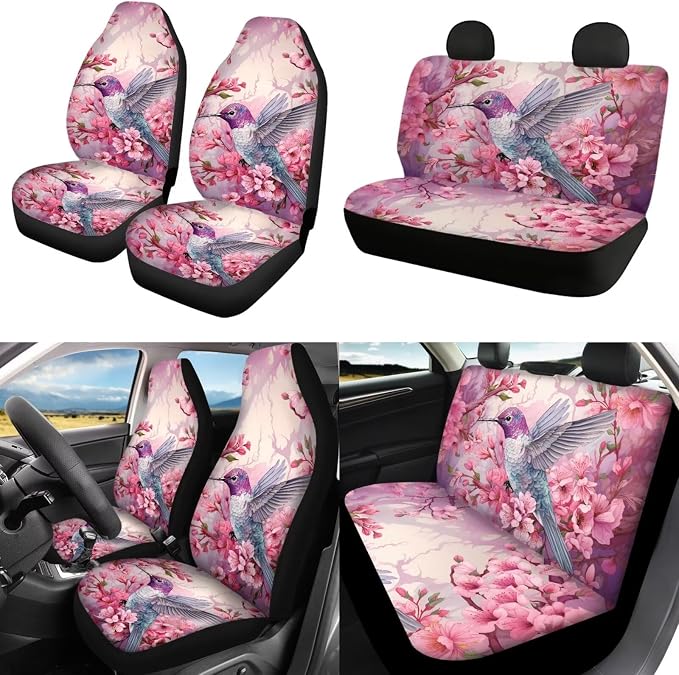 POLERO Hummingbird Car Seat Cover Set for Women Floral Steering Wheel Cover Vintage Vehicle Accessories 11pcs with Cute Keyrings