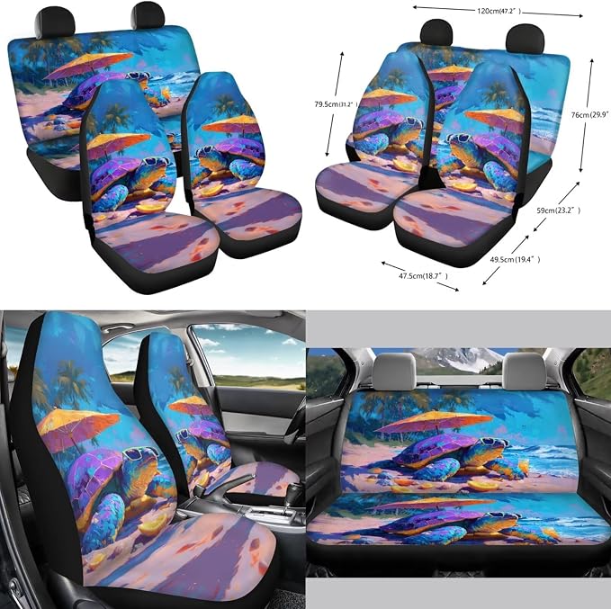 Forchrinse 15Pcs Hawaiian Sea Turtle Car Seat Cover Set with Steering Wheel Cover Armrest Shoulder Pads Handbrake Gear Cover Garbage Can Universal Women Auto Interior Accessories