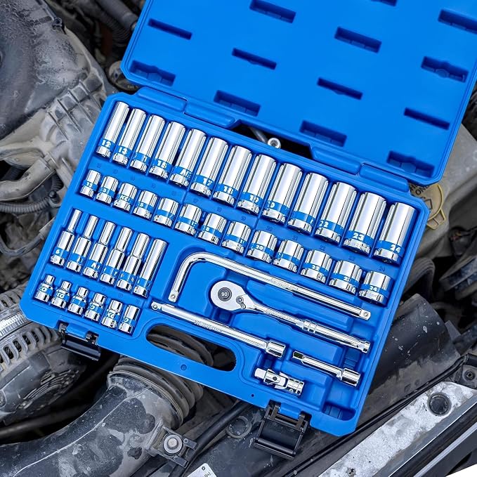 NEIKO 02512A 3/8” Drive Socket Set with Quick Release Ratchet (90 Tooth), 43 Piece Standard and Deep Metric Sizes, 6mm to 24mm, 6 Point, Universal Joint, 3/8” Extension Bars, CR-V Steel (Pack of 4)