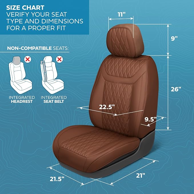 MotorBox Creekstone Series – PU Leather Car Seat Covers Full Set, Cross-Stitch Edition Leather Seat Covers, Diamond Stitched PU Leatherette Brown Seat Covers for Cars Trucks SUVs
